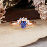 Unique Pear Cut Halo Tanzanite Engagement Ring Bezel Cluster Ring